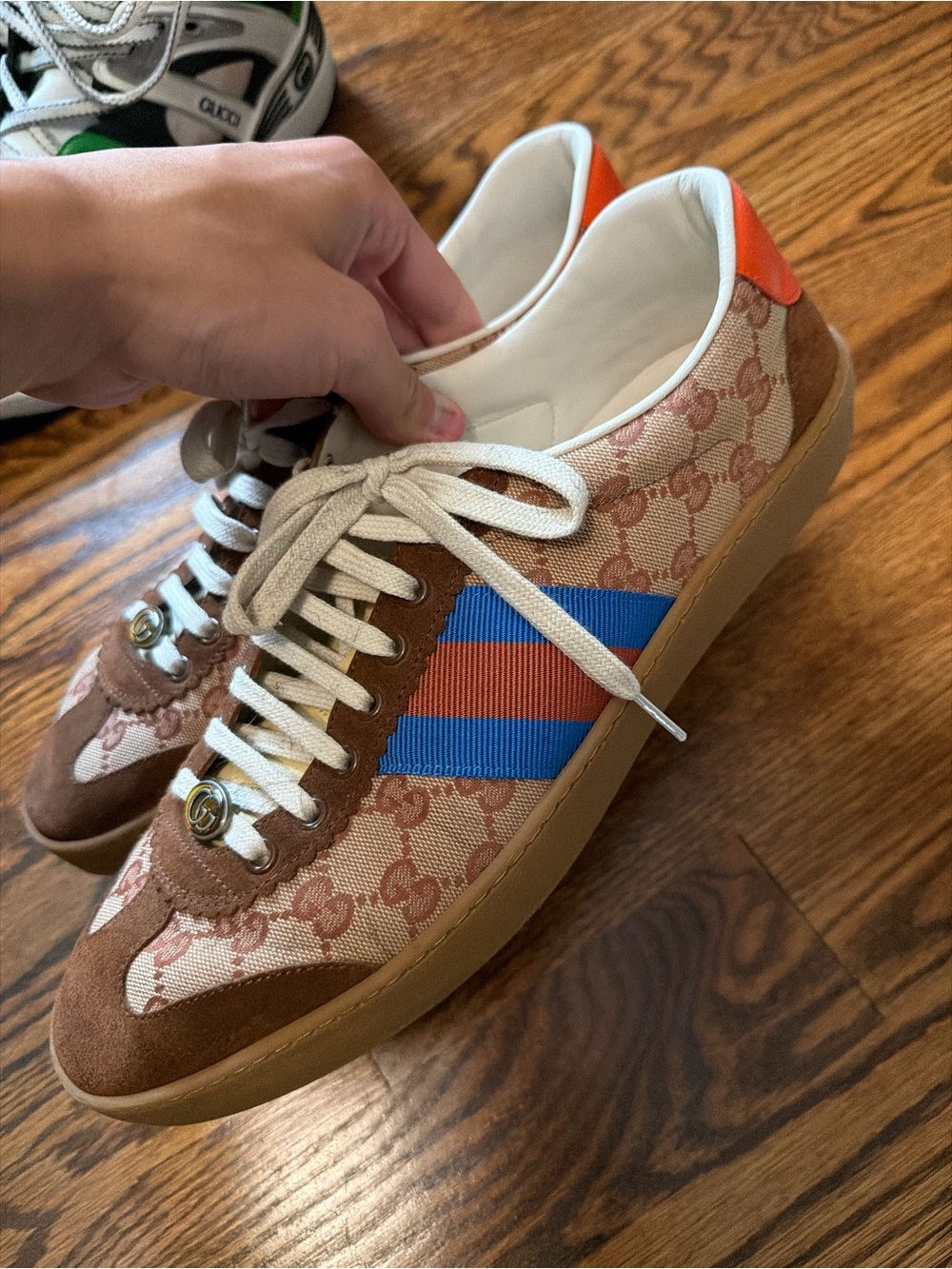 Gucci Brown GG Canvas & Suede Sneaker with Blue and Red Stripe